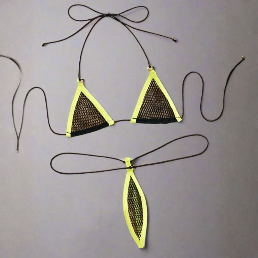 NWT Black Mesh & Neon Yellow Extreme Micro Triangle Top & Thong G-String
